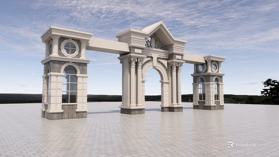 European style Entrance Gate with Arched Design Columns Circular Windows Clocks and Grand Symmetrical Stone 3d model 