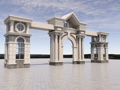 European style Entrance Gate with Arched Design Columns Circular Windows Clocks and Grand Symmetrical Stone 3d model