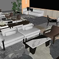 Modern Sales Office Interior Design With White Sofas Hanging Lights And Green Plants 3d model