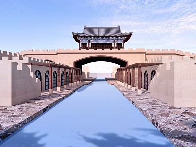Traditional Chinese Landscape Bridge With Arch Structure Stone Walls And Water Channel Under Clear Sky 3d model