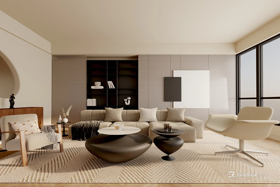 Modern Living Room With Beige Sofa Wooden Chair Round Coffee Table And Large Windows 3d model 