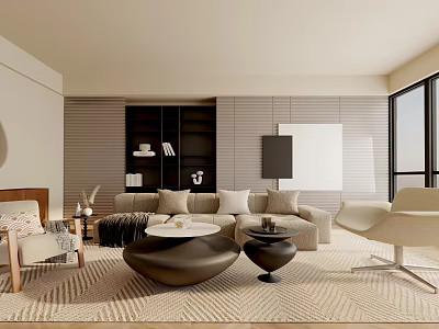 Modern Living Room With Beige Sofa Wooden Chair Round Coffee Table And Large Windows 3d model