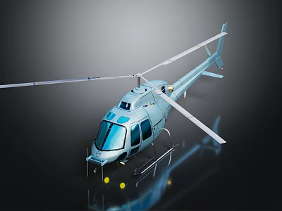 Detailed Light Blue Helicopter Model With Rotors Landing Gear On Reflective Surface 3d model
