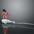 Brown Haired Character in Yellow Red Outfit Holding Red Staff on White Blue Wavy Cloud