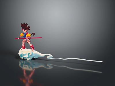 Brown Haired Character in Yellow Red Outfit Holding Red Staff on White Blue Wavy Cloud 3d model