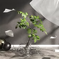 Vibrant Indoor Green Plant With Lush Leaves By White Curtain Gray Wall And Floating Papers