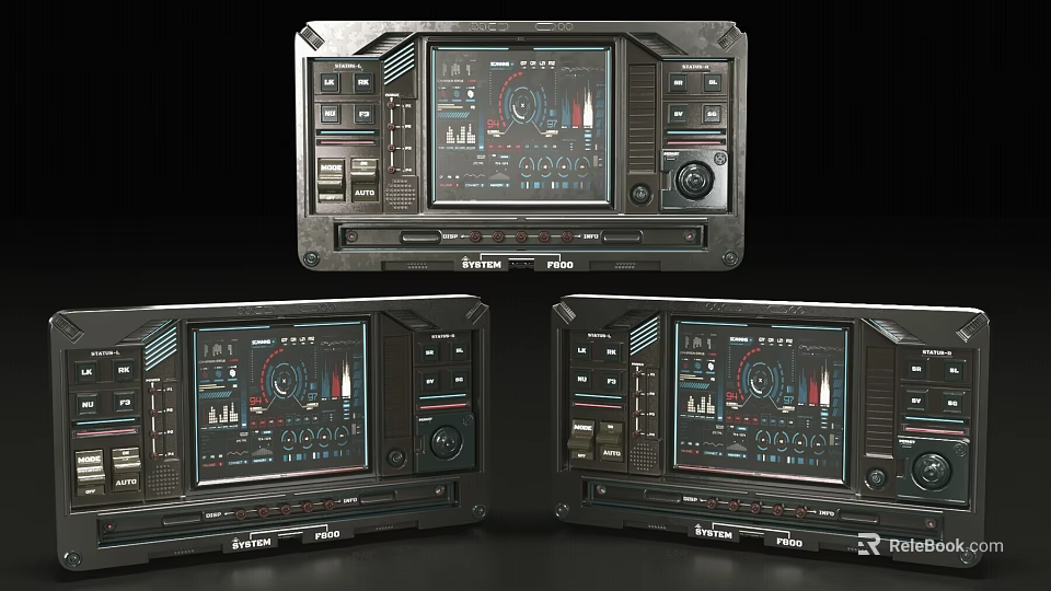 Futuristic Sci Fi Control Panels With Digital Displays And Button Interfaces 3d model