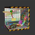 Cube Scene With Yellow Black Caution Stripes Green Dragonfly Red Centipede Blue Bed Medical Supplies