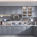 Gray Kitchen Interior With Gray Cabinets Refrigerator Microwave Stove And Glass Front Cabinets