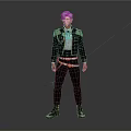 Game Movie Character with Blue Hair Wearing Black Jacket Gold Details Striped Pants and Boots