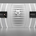 White Striped Background Wall with Central Logo and Side Display Panels 3d model