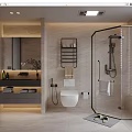 Modern Bathroom Interior With Glass Shower Enclosure Wall Hung Toilet Vanity Mirror And Tiled Floor