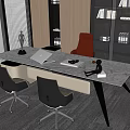 Modern Office Desk With Marble Top And Ergonomic Chairs Near Bookshelf And Table Lamp