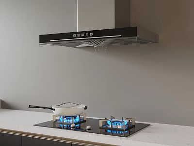 Modern Kitchen Interior With Range Hood Gas Stove Blue Flames And Pot On Countertop 3d model