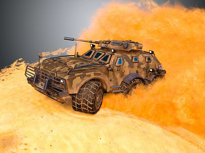 Military Weapon Mounted On Camouflage Armored Vehicle Driving On Sandy Terrain With Orange Dust Cloud 3d model