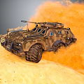 Military Weapon Mounted On Camouflage Armored Vehicle Driving On Sandy Terrain With Orange Dust Cloud