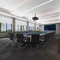 Modern Conference Room Interior With Long Table Black Chairs Large Screen And Windows 3d model