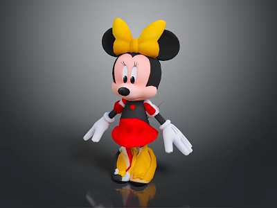 Minnie Mouse Disney Cartoon Character With Yellow Bow Black Ears Red Dress And White Gloves 3d model