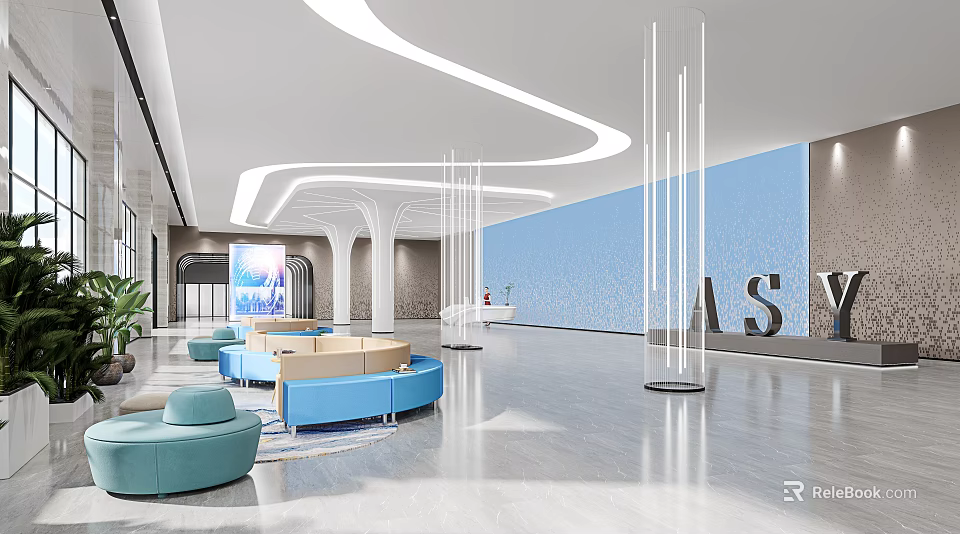 Front Desk Reception Modern Lobby Interior Design With Blue Sofas White Pillars And Background Wall 3d model