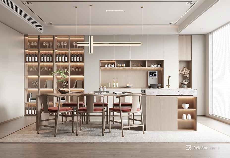 Modern Restaurant Interior With Wine Rack Dining Table Chairs And Hanging Lights 3d model