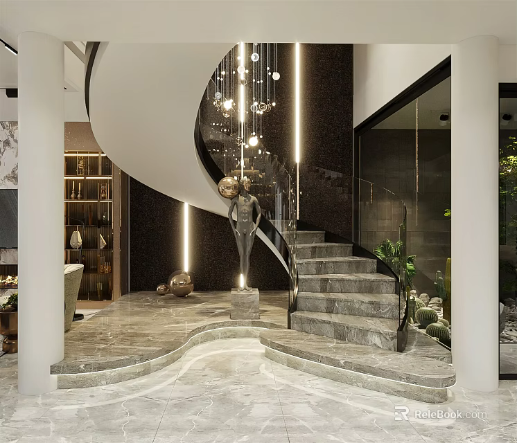 Modern Interior Design With Spiral Staircase Marble Steps Lighting Sculpture And Plants 3d model 
