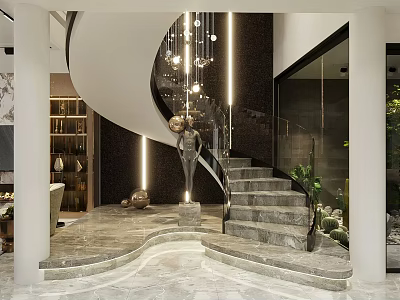 Modern Interior Design With Spiral Staircase Marble Steps Lighting Sculpture And Plants 3d model