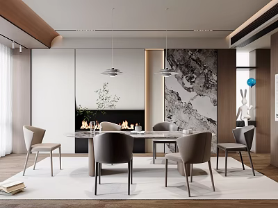 Modern Dining Room Interior With Dining Table Chairs Fireplace Pendant Lights And Marble Wall 3d model
