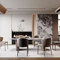 Modern Dining Room Interior With Dining Table Chairs Fireplace Pendant Lights And Marble Wall