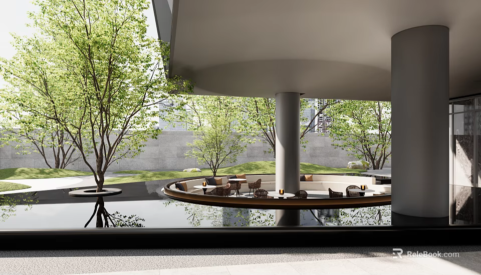 Modern Garden Landscape Design With Circular Seating Green Trees And Water Pool Reflection 3d model 