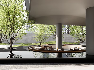 Modern Garden Landscape Design With Circular Seating Green Trees And Water Pool Reflection 3d model