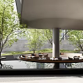 Modern Garden Landscape Design With Circular Seating Green Trees And Water Pool Reflection