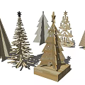 Handcrafted Wooden Christmas Trees with Various Decorative Designs and Star Tops