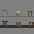 Wooden Stools With Various Designs Displayed On Shelves Light Wall