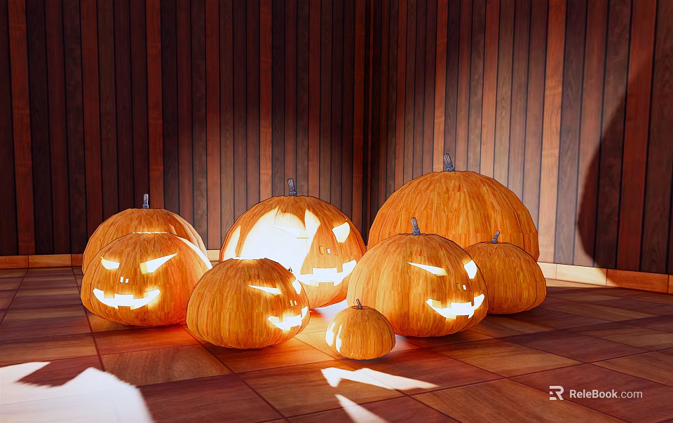 Lit Halloween Pumpkin Lantern Decorative Lights With Wooden Floor And Wall Background 3d model 