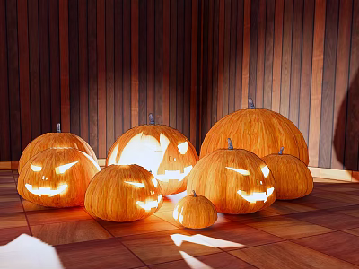 Lit Halloween Pumpkin Lantern Decorative Lights With Wooden Floor And Wall Background 3d model