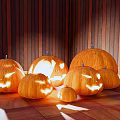 Lit Halloween Pumpkin Lantern Decorative Lights With Wooden Floor And Wall Background