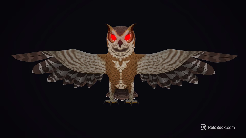 Owl With Spread Wings And Red Eyes Against Black Background 3d model 