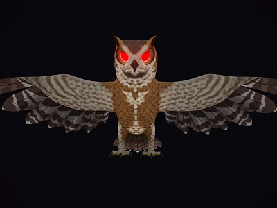 Owl With Spread Wings And Red Eyes Against Black Background 3d model