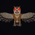 Owl With Spread Wings And Red Eyes Against Black Background