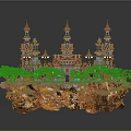 Cartoon Style Floating Island Castle with Spiral Towers Green Trees and Grass