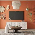 Hanging Potted Plants And Large Greenery On Orange Wall With Wooden Shelves And White Refrigerator
