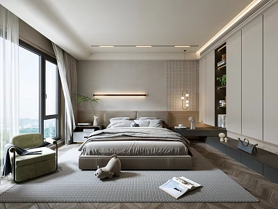 Modern Bedroom Interior With Large Bed Neutral Bedding Green Armchair And Floor To Ceiling Windows 3d model