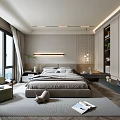 Modern Bedroom Interior With Large Bed Neutral Bedding Green Armchair And Floor To Ceiling Windows