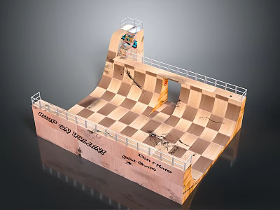 Wooden Skate Ramp With Checkerboard Design Featuring Grand Prix And Olympic Skate Park Logos 3d model