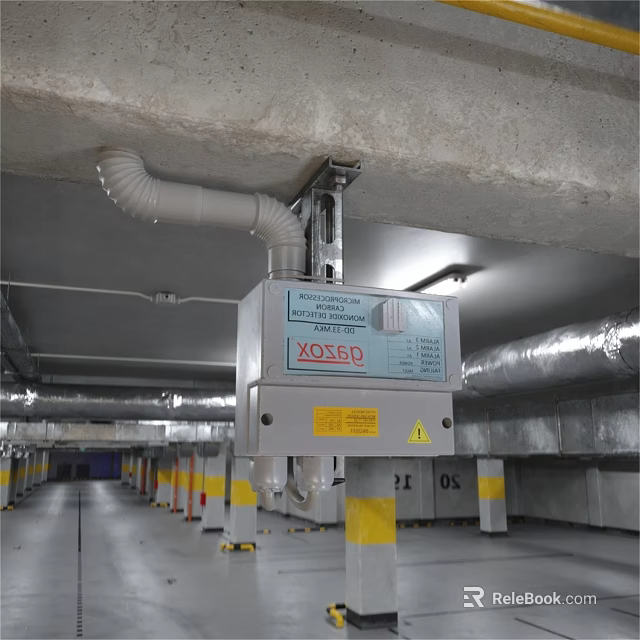 Ceiling Mounted Fire Safety Equipment In Underground Parking Garage With Yellow Pillars And Pipes 3d model 