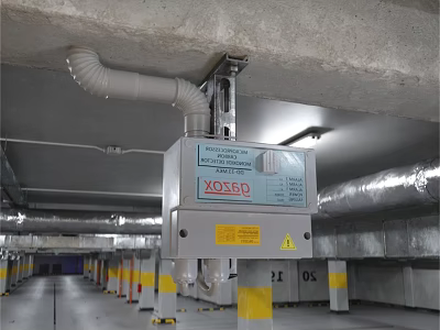 Ceiling Mounted Fire Safety Equipment In Underground Parking Garage With Yellow Pillars And Pipes 3d model