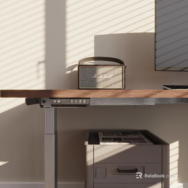 Modern Indoor Speaker On Wooden Desk With Natural Light And Monitor Setup 3d model 