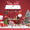 Festive Christmas Scene With Hut Tree Snowman Reindeer And Gift Decorations