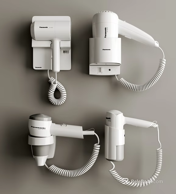 Panasonic Hair Dryers Wall Mounted And Handheld With White Design And Coiled Cords 3d model 