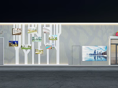 Modern Storefront Facade Design With Perforated Wall Cityscape Paintings And Green Elements 3d model